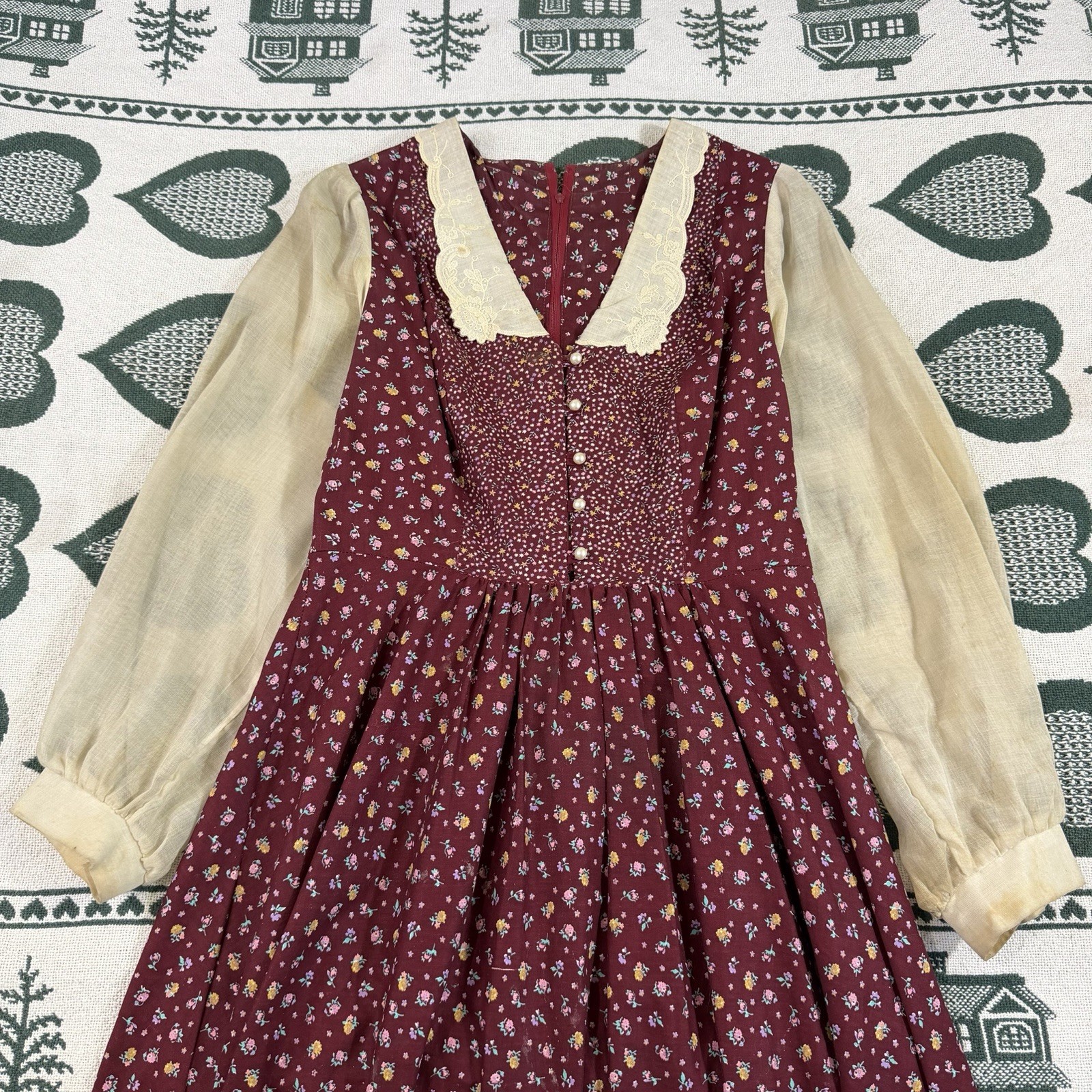 Vintage 70s 80s Prairie Midi Dress Women’s S/M Red Cream Floral Cottage Core