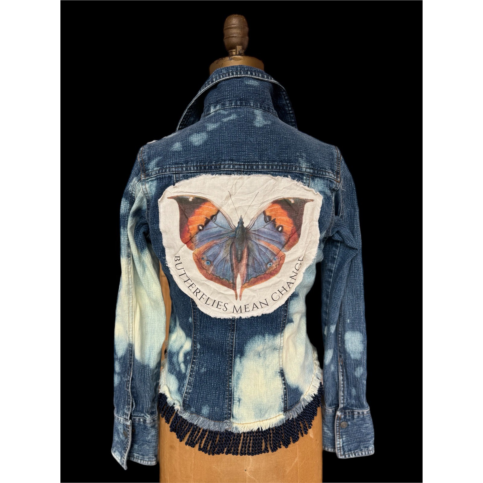 Upcycled Butterfly Jean Jacket | Bleached Fringe Denim | Size S