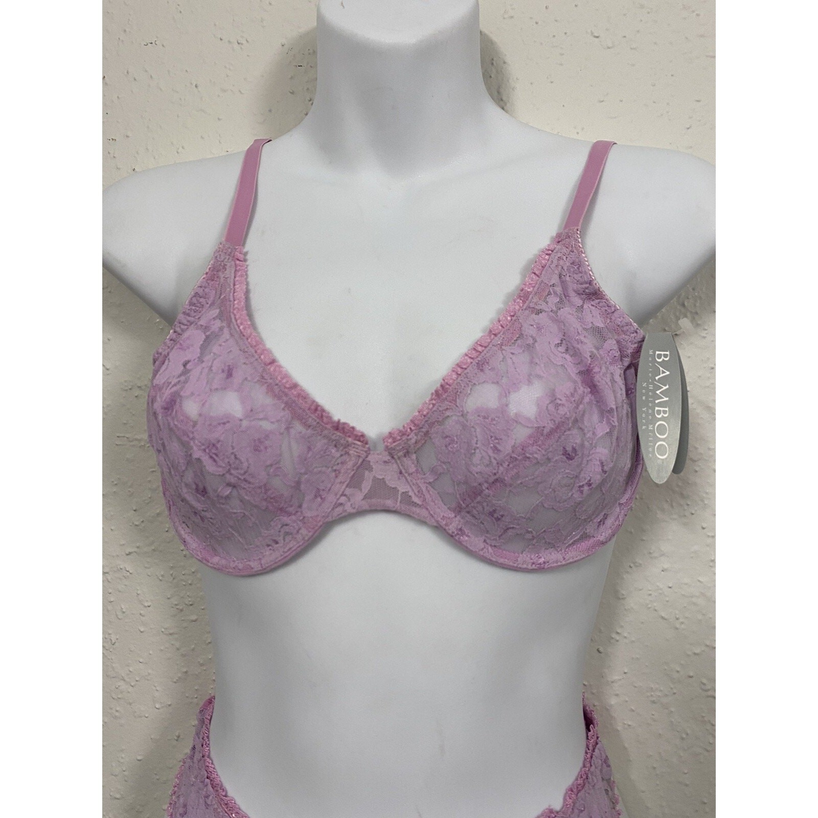 VINTAGE 2PC SET 90S BAMBOO HELENE MILLER NY Sexy Lace PURPLE Bra 34A/SM Panty