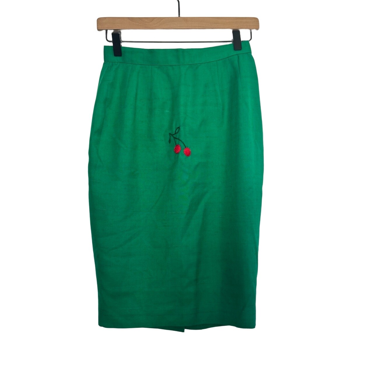 St. Gillian Vintage Skirt Kelly Green 100% Silk Pencil Red Cherry Embroidered 4