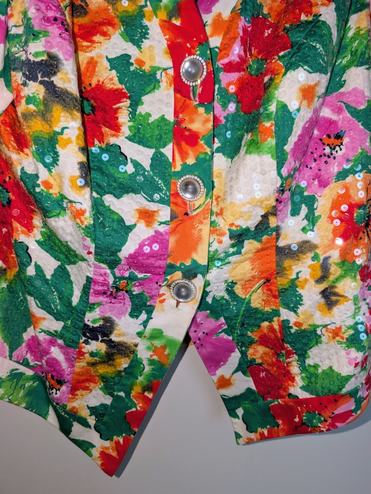 1980s Vintage Pantagis Floral Cotton Blazer Sequin Top 14W XL Puff Sleeves