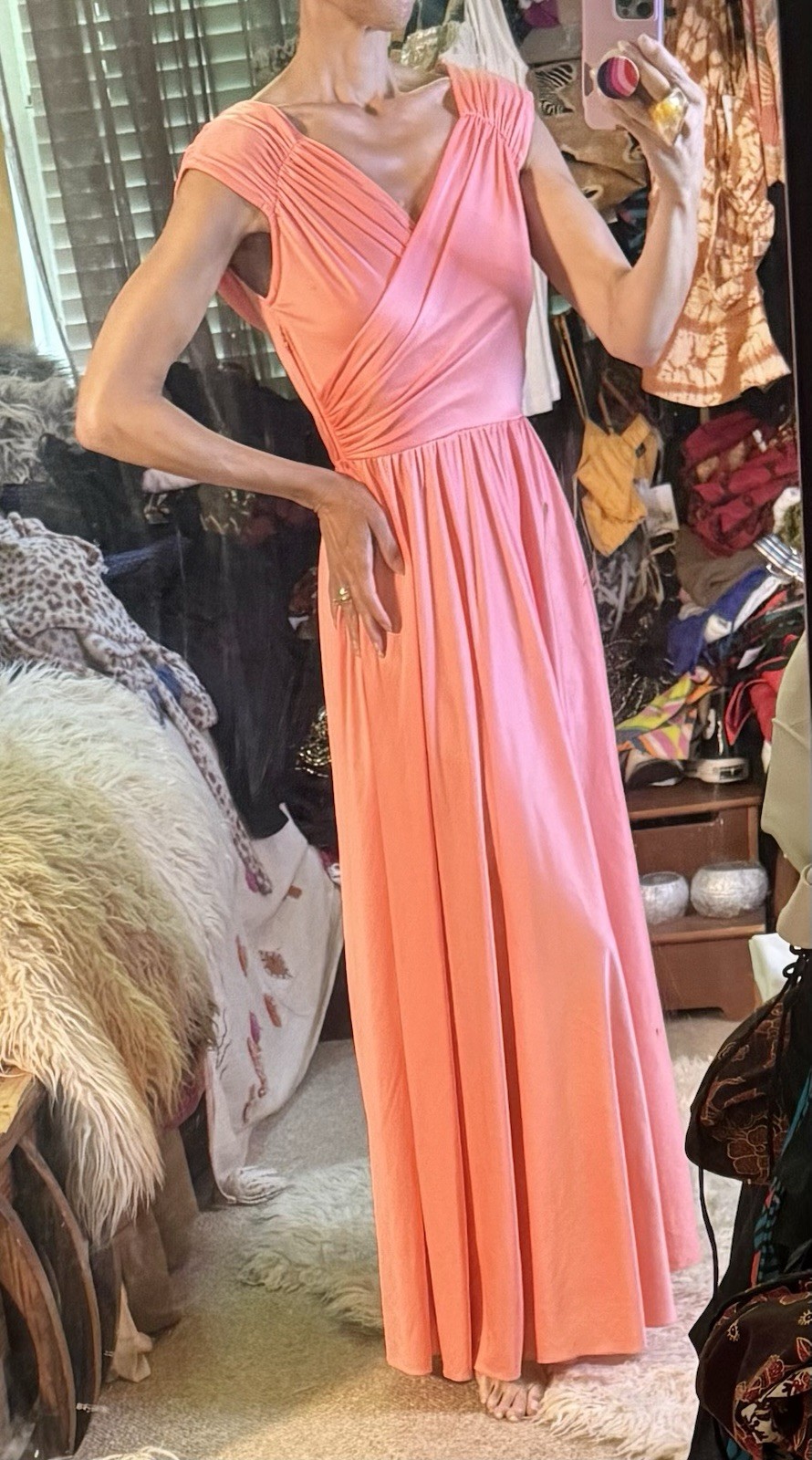 Vtg Cowl Draped Peach Polyester Maxi Dress Gown 70s Disco Studio 54 Carrie XS
