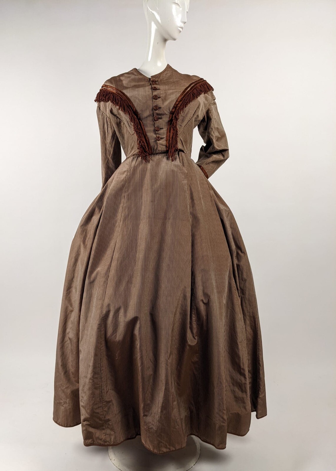 VICTORIAN 1860’S CIVIL WAR ERA PINSTRIPED BROWN DRESS W FRINGE TRIMS