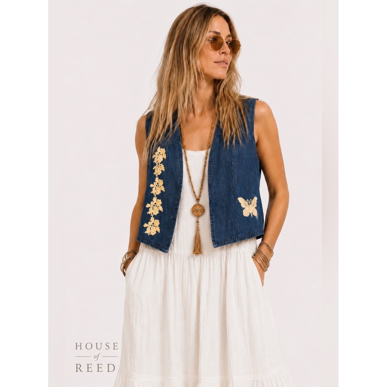 Vintage Petit Fors Los Angeles Denim Vest Embroidered Floral Butterfly Boho