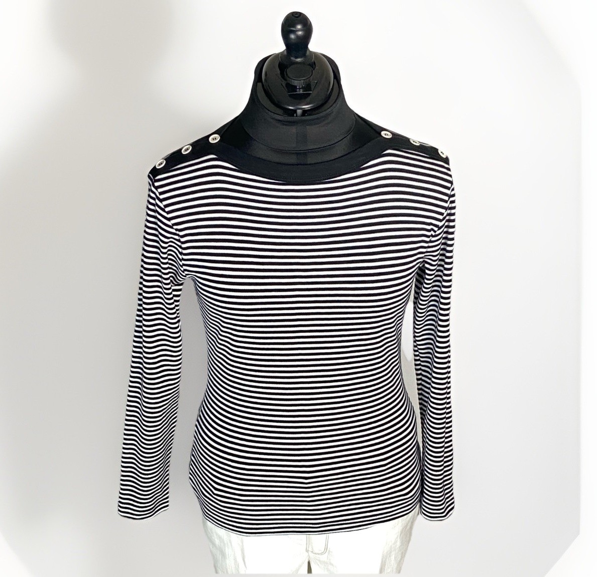 Vintage Long Slv. Tee French Stripes Black & White 55% Combed Cotton Size L, EUC