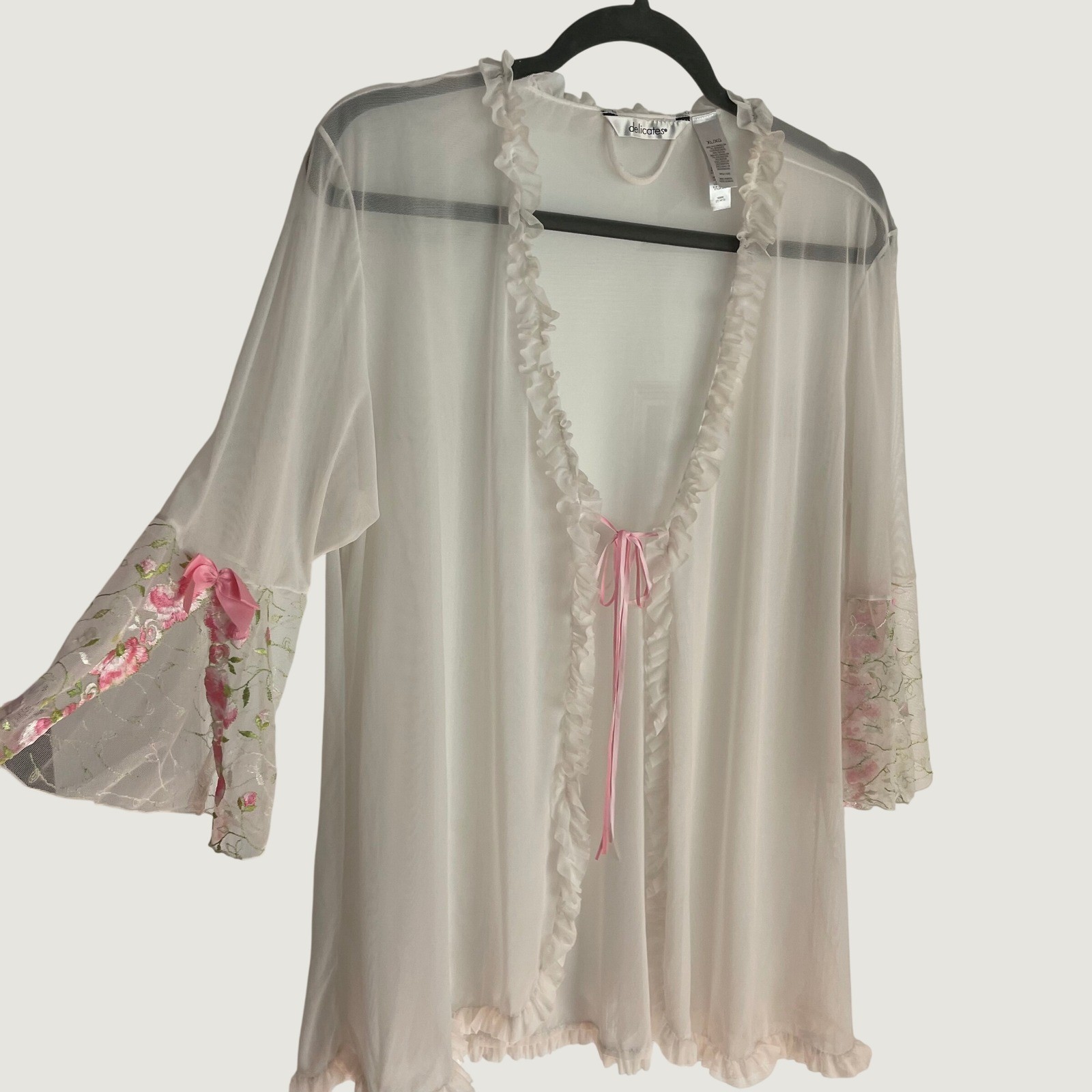 Vintage Delicates Womens Sheer Mesh Bed Jacket Size XL White Floral Embroidered