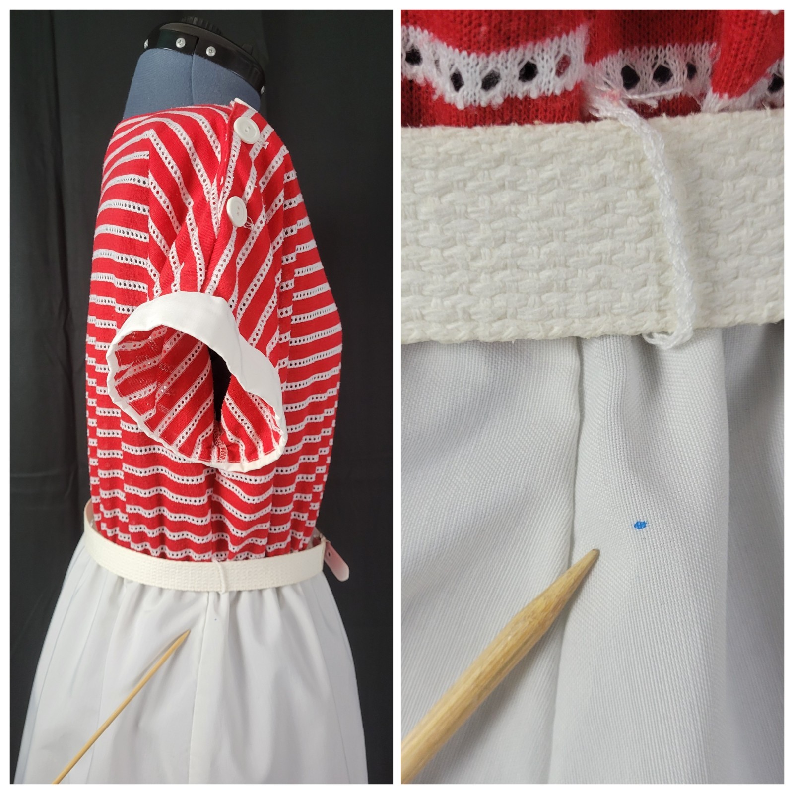 Vintage Boatneck Blouson Dress w Red & White Striped Bodice & White Skirt Size L