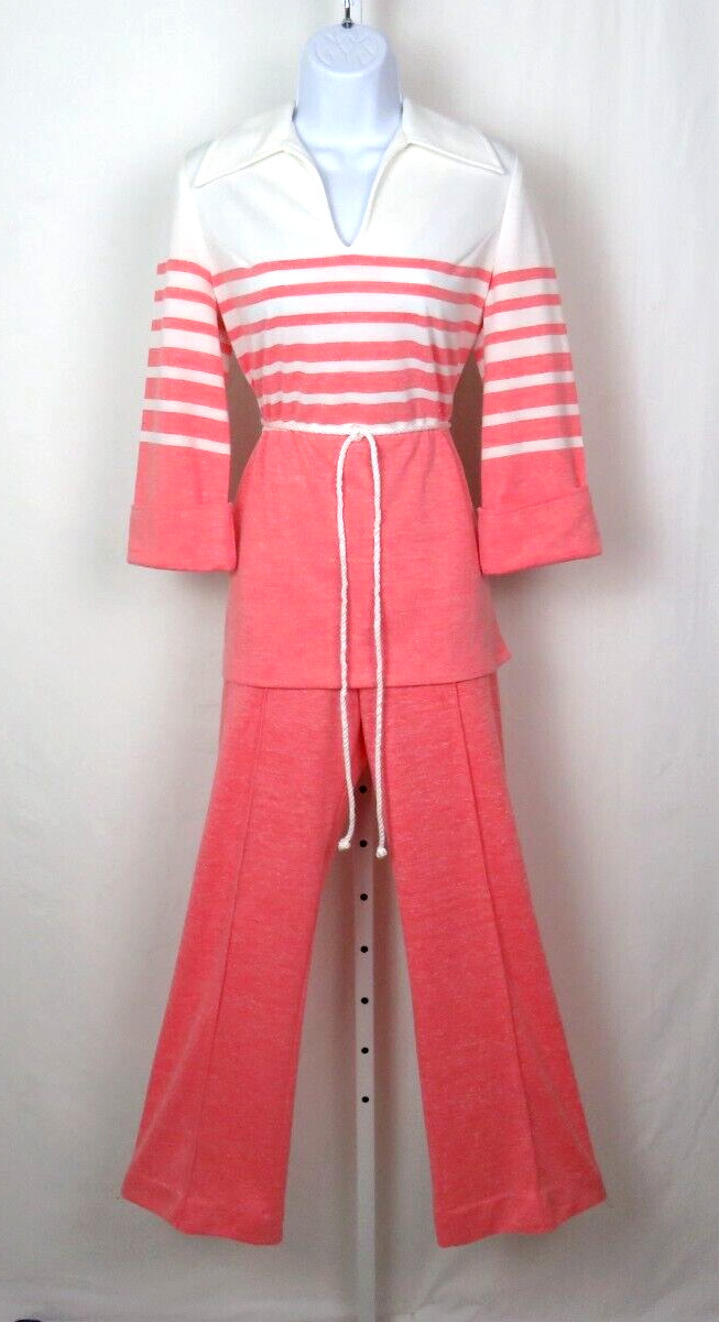 VTG 1960s MOD WALDEN SPORT PANTS & SMOCK TOP OUTFIT ROPE BELT WATERMELON WHITE