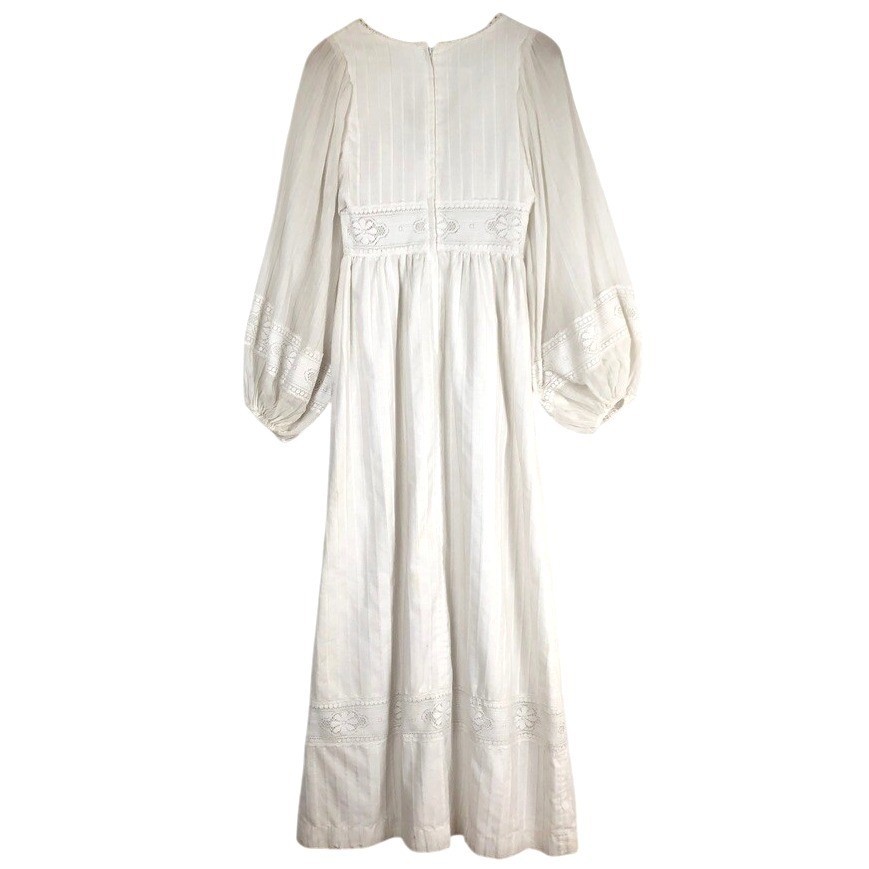 VTG MISS K Alfred Shaheen Lace Maxi Dress Bishop Sleeve Sz 9/10 White Wedding US