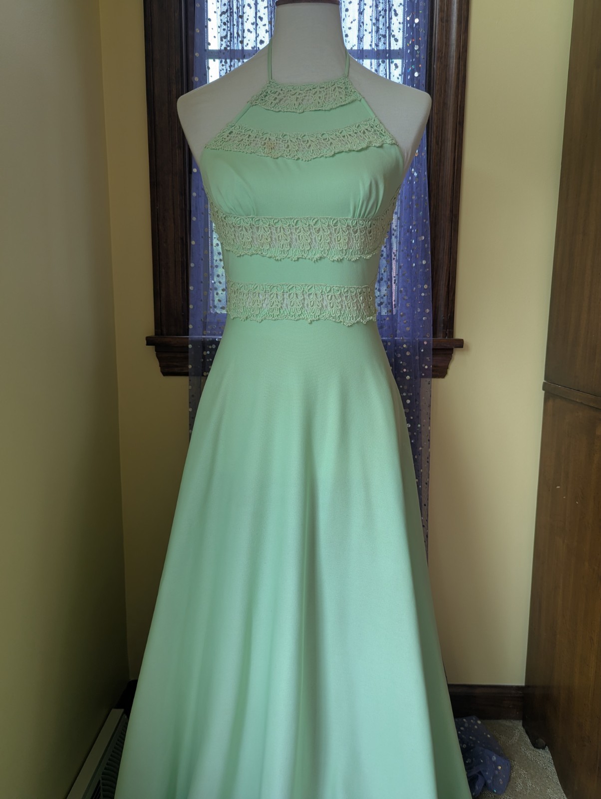 Vintage 70’s Frederick’s Of Hollywood Mint Green Disco Lace Halter Poly Dress XS