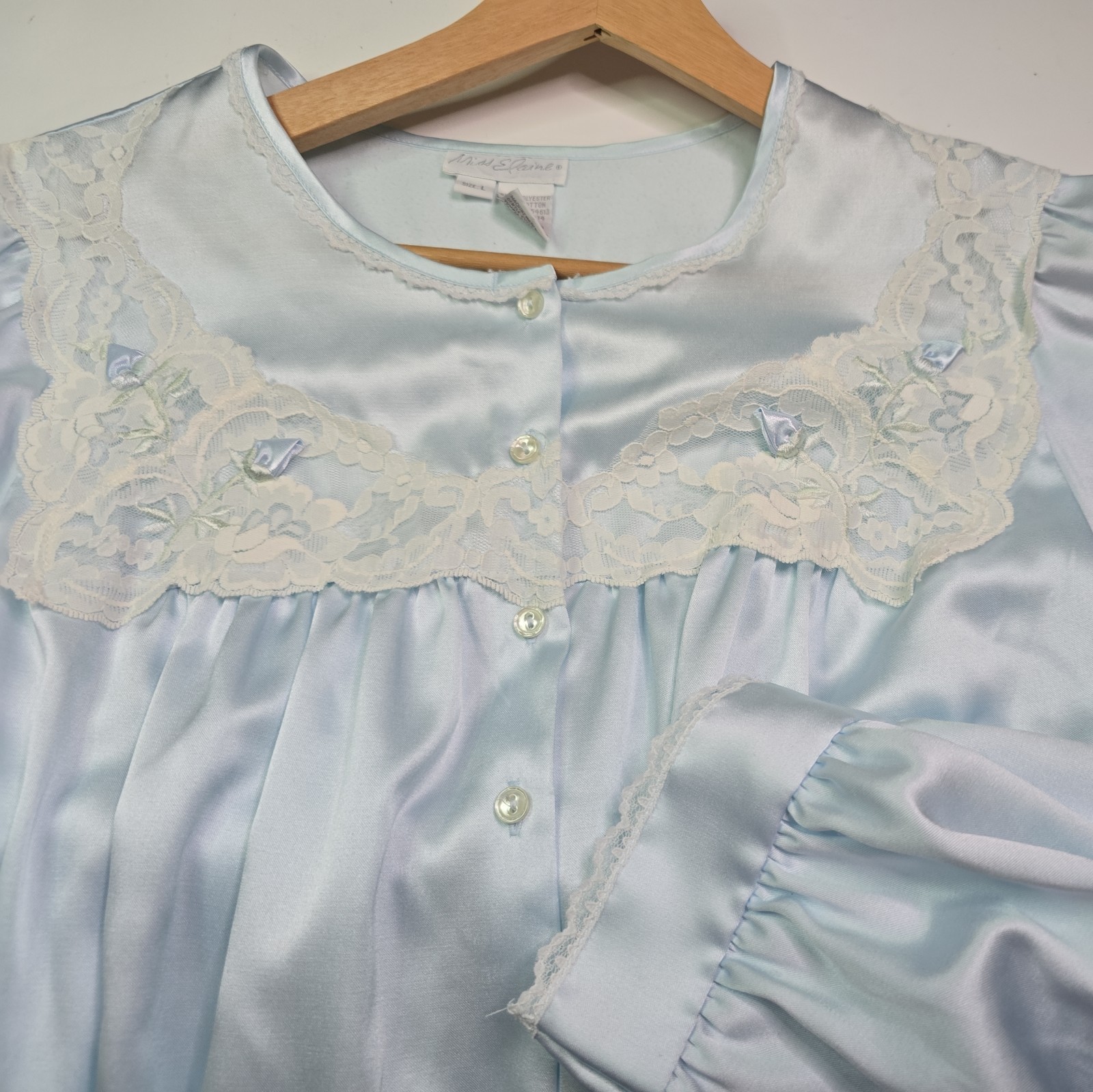 Miss Elaine Nightgown mid length Blue Satin Cotton Large Pit To Pit 23″ L 52″