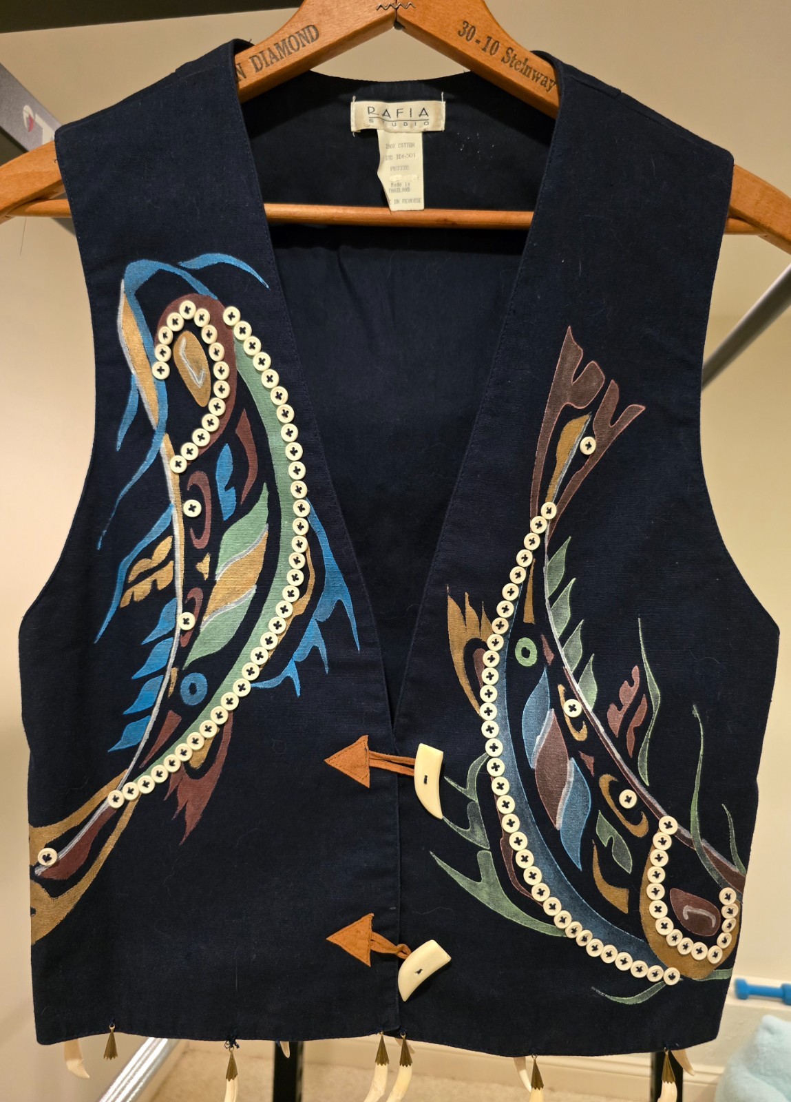 RAFIA STUDIO VINTAGE VEST, NORTHWEST COAST THUNDERBIRD – PETITE,BONE CLAW FRINGE