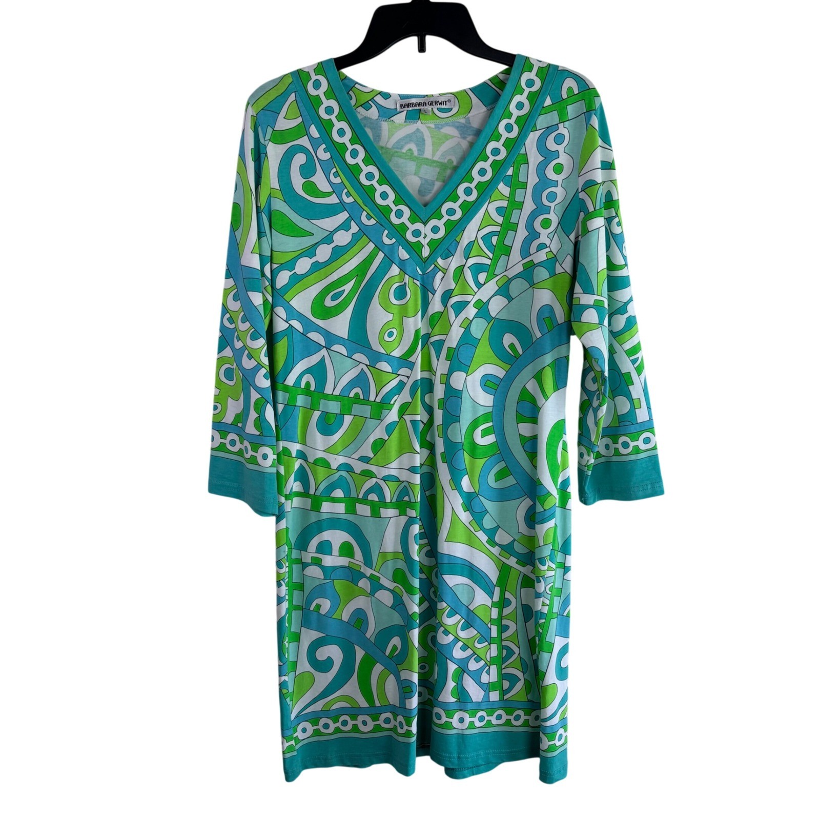 Barbara Gerwit Large Green Blue Geometric Tunic Dress V-Neck 3/4 Sleeve Mod