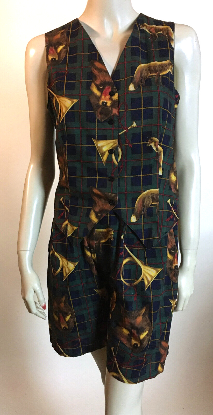 1980s Vintage D.B. Riding Novelty Print Preppy Fox Hunt Vest Short 2 Piece Set M