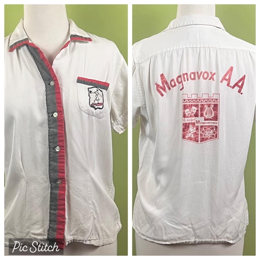 Vtg 60’s Women’s Bowling Shirt by Crown Prince sz 36 White MAGNAVOX A A