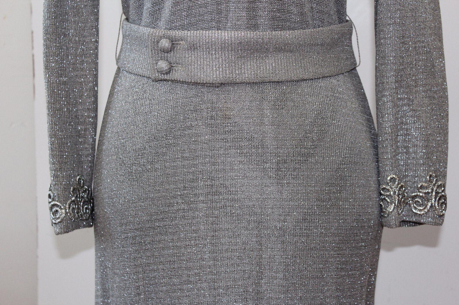 Vintage LILLI DIAMOND Silver Knit Embellished Long Dress L#160a
