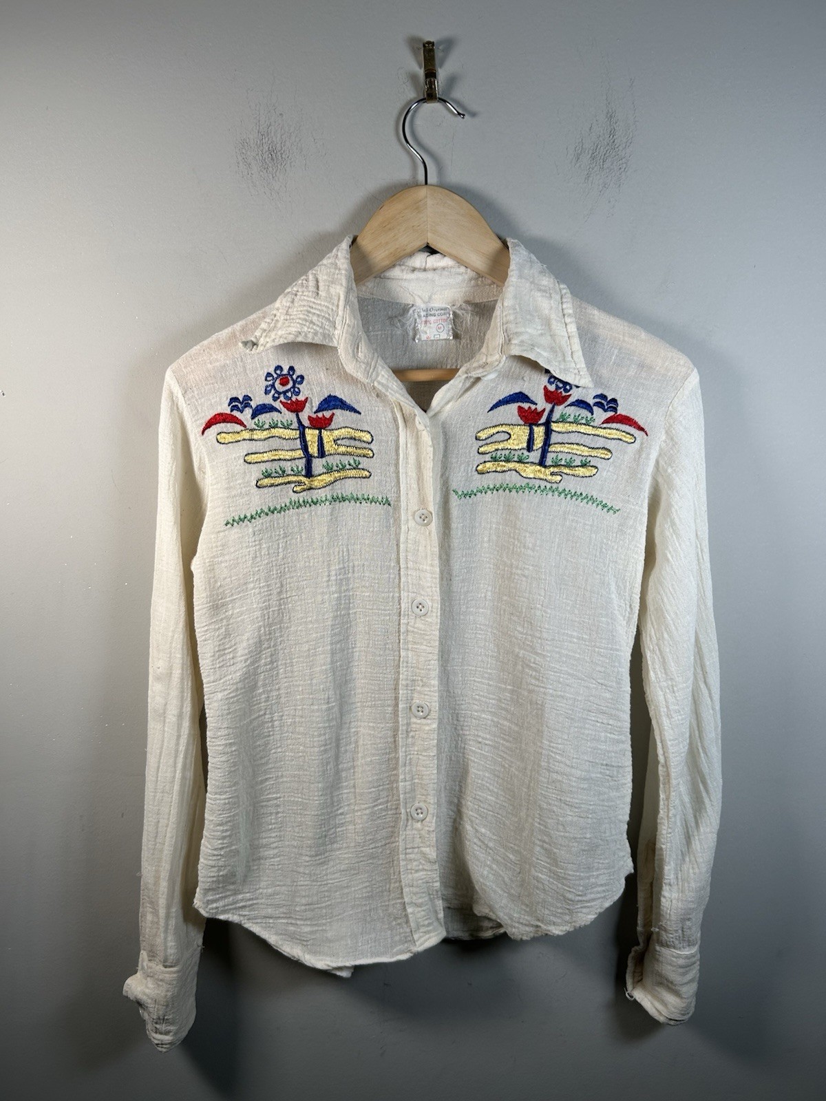 VTG 1970s Scenic Floral Embroidered White Gauze Cotton Button Up Womens Sz M
