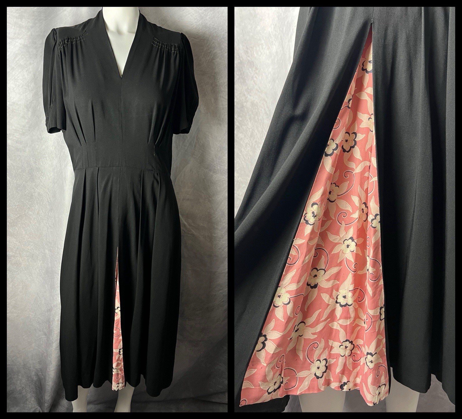 Vintage 1940s Black Rayon Pullover Dress Pink Floral Inset Midi Length Pleats L