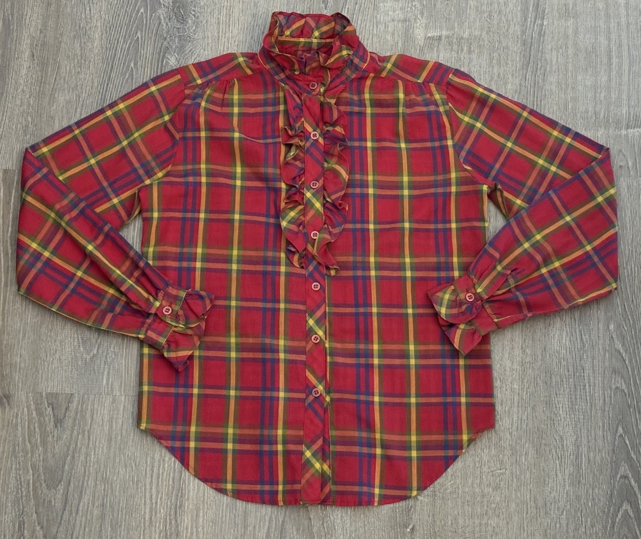 Vtg Corliss Plaid Long Sleeve Ruffle Collar Button-Up Shirt Women’s 34