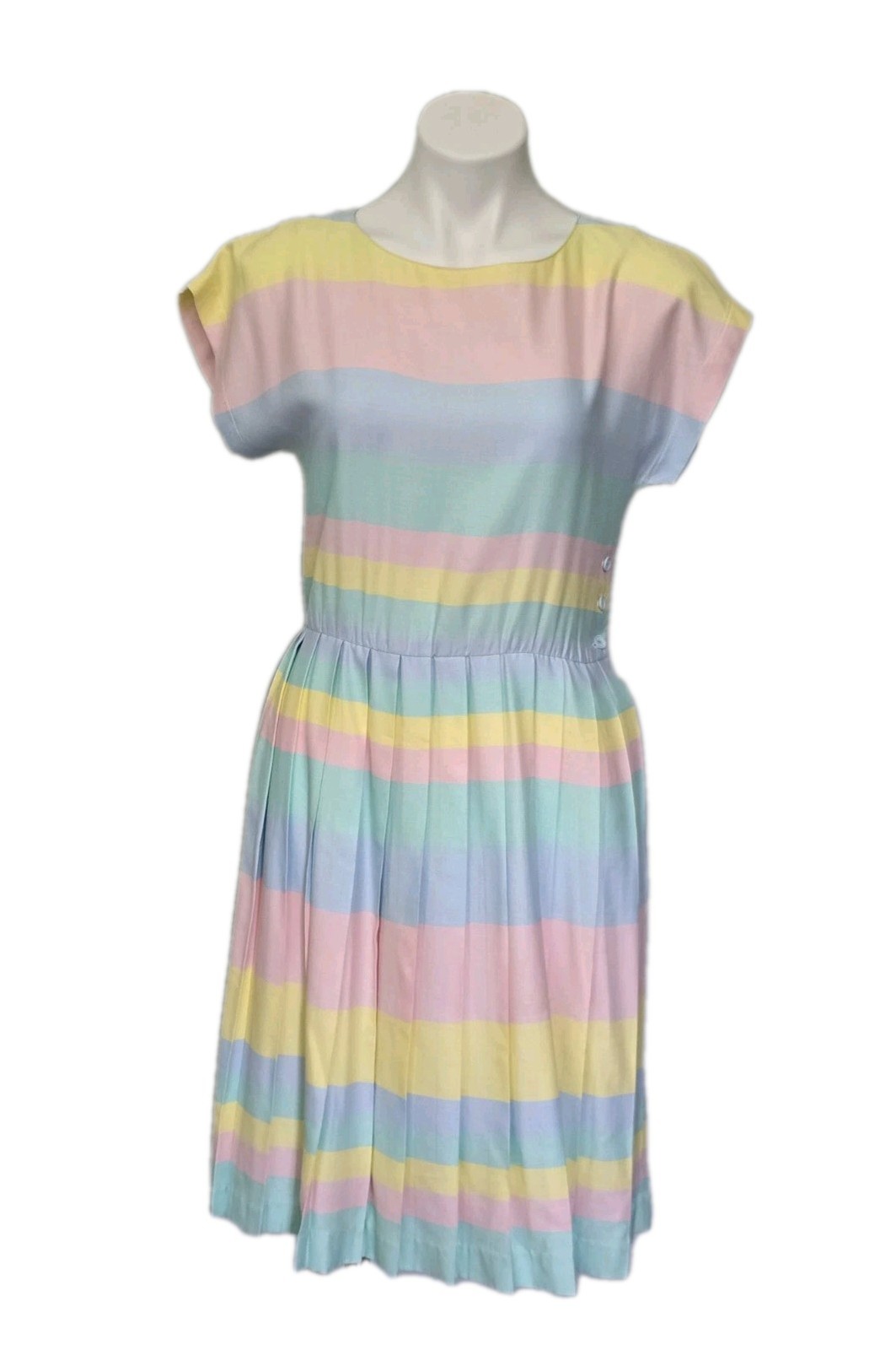 Vintage 1980s Lanz Pastel Candy Rainbow Pleated Summer Dress, 30 in waist