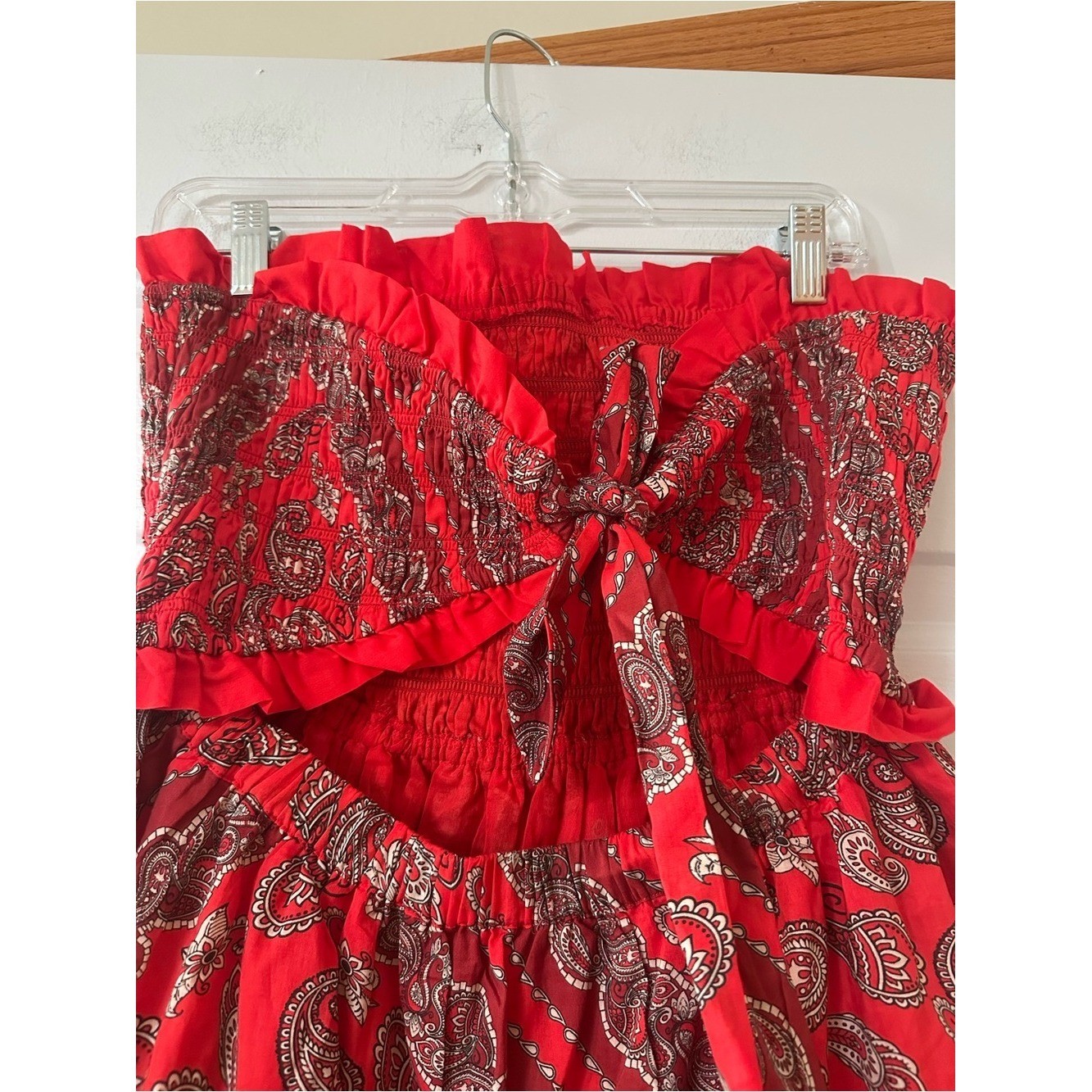 Strapless Red Reversible Smocked Mini Dress 100% Cotton. Size large.