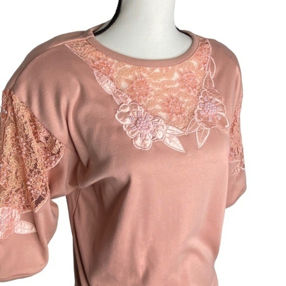 Vintage Recent Works Top Blush Pink Lace Bead Floral Appliqué Half Sleeve Top