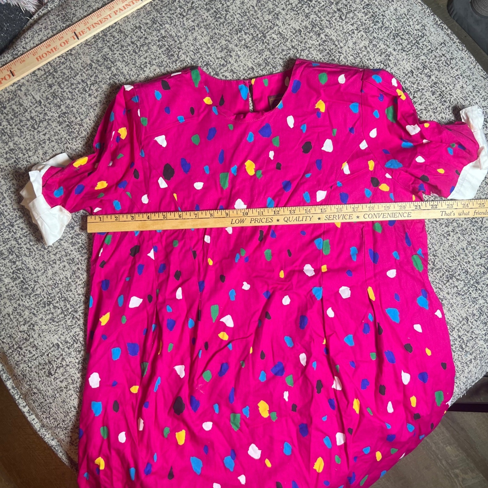 Vintage Worthington Pink Abstract Paint Splatter Shift Dress Ruffle Cuff 12P