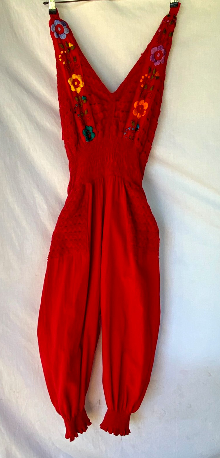 Vintage 1980s Red Boho Harem Jumpsuit Embroidered Floral Lace Halter Romper XL