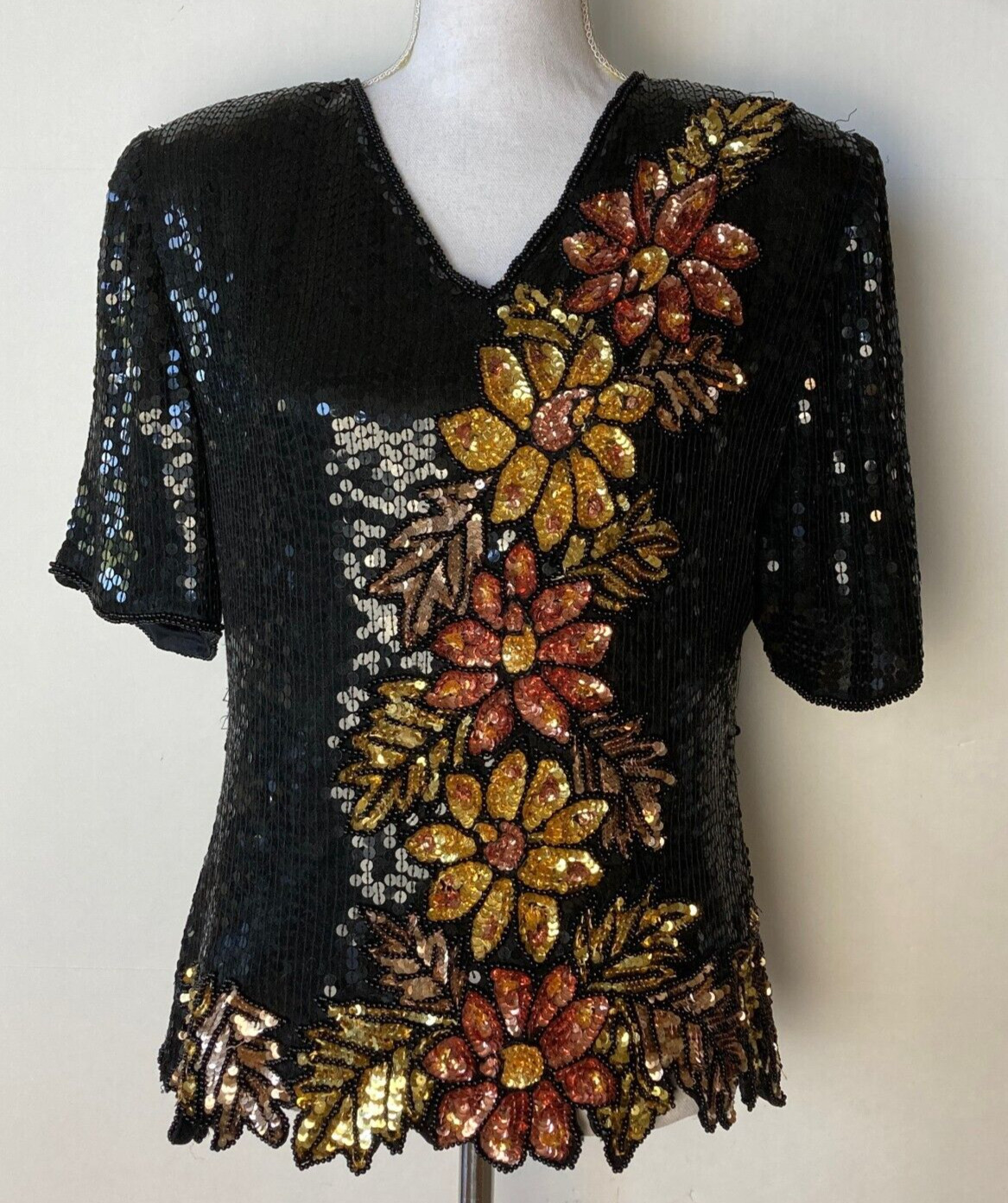 Ste’nay M Sequin Silk Top Floral Evening Cocktail Black Gold Copper Short Sleeve