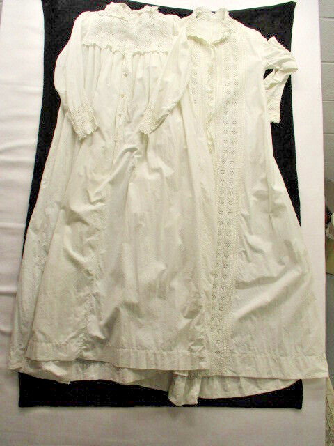 (2) Victorian Early 1900s Cotton Nightgowns White L/S Eyelet High Low Long Small