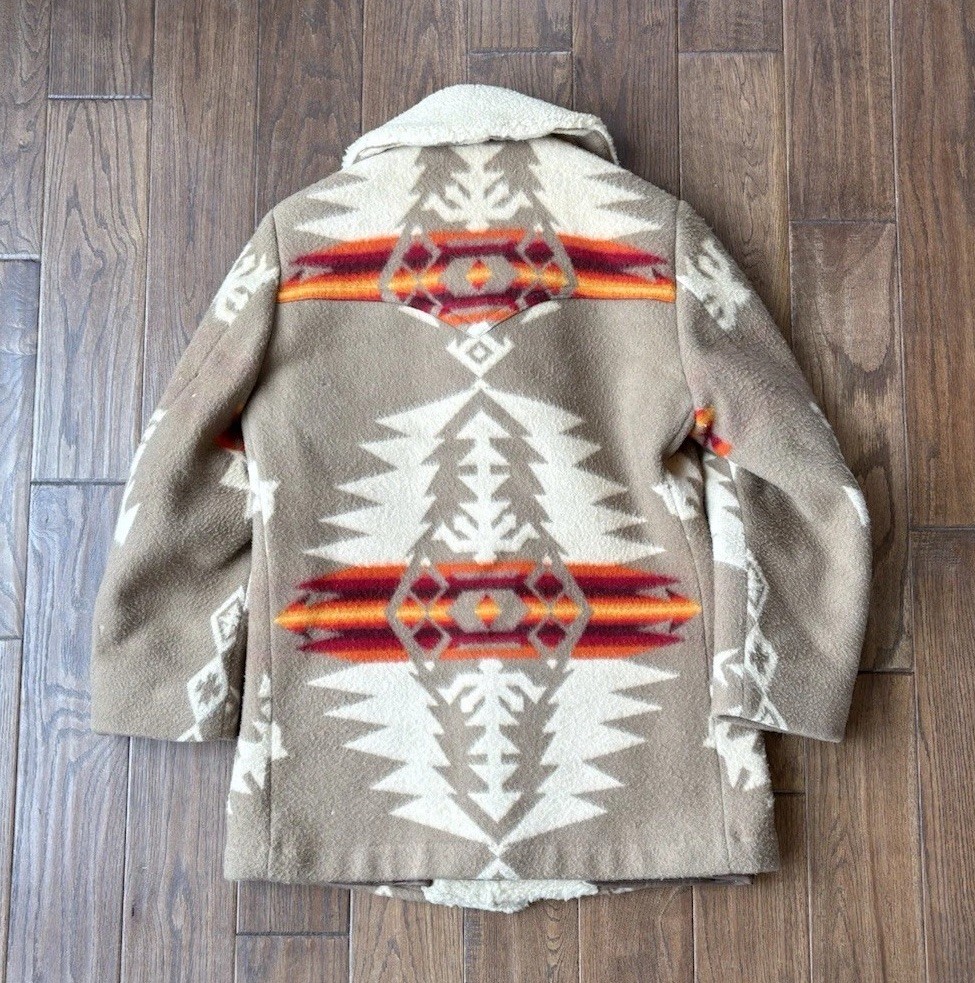 Vintage 70s Pendleton Chief Joseph Harding Aztec Wool Coat Shearling Collar