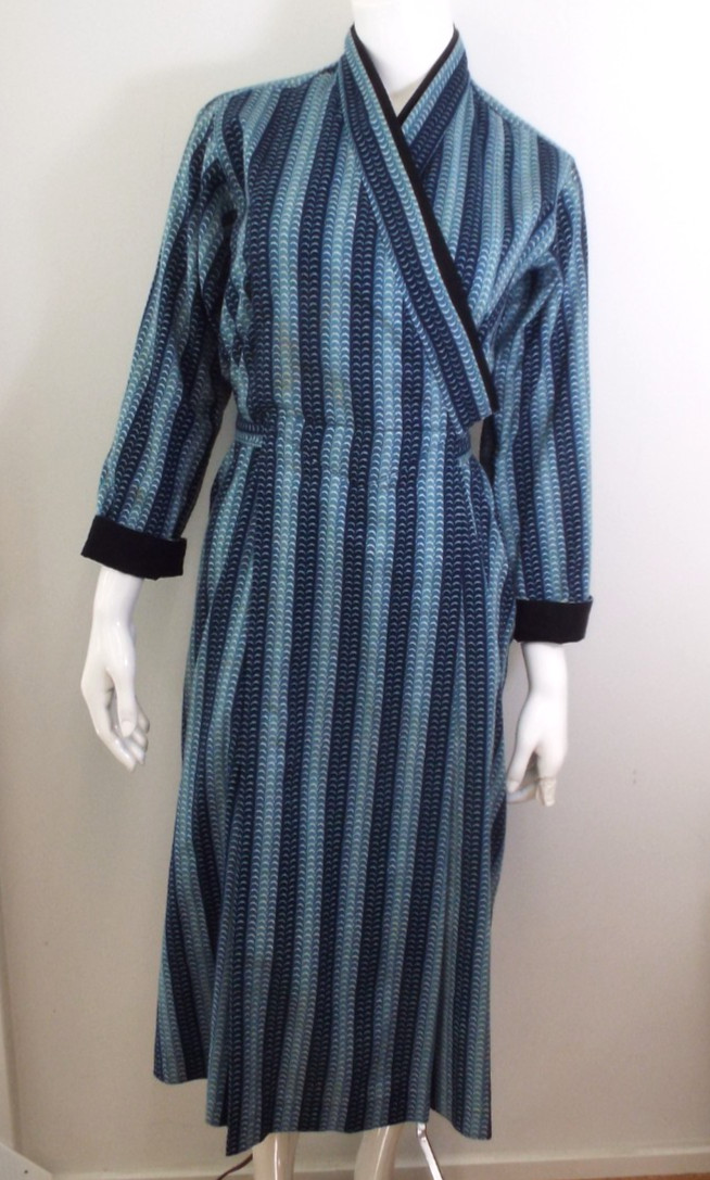 Vintage 1970s KENZO Jap Kimono Long Robe Dress 38 Blue Cotton Wrap Front Belt