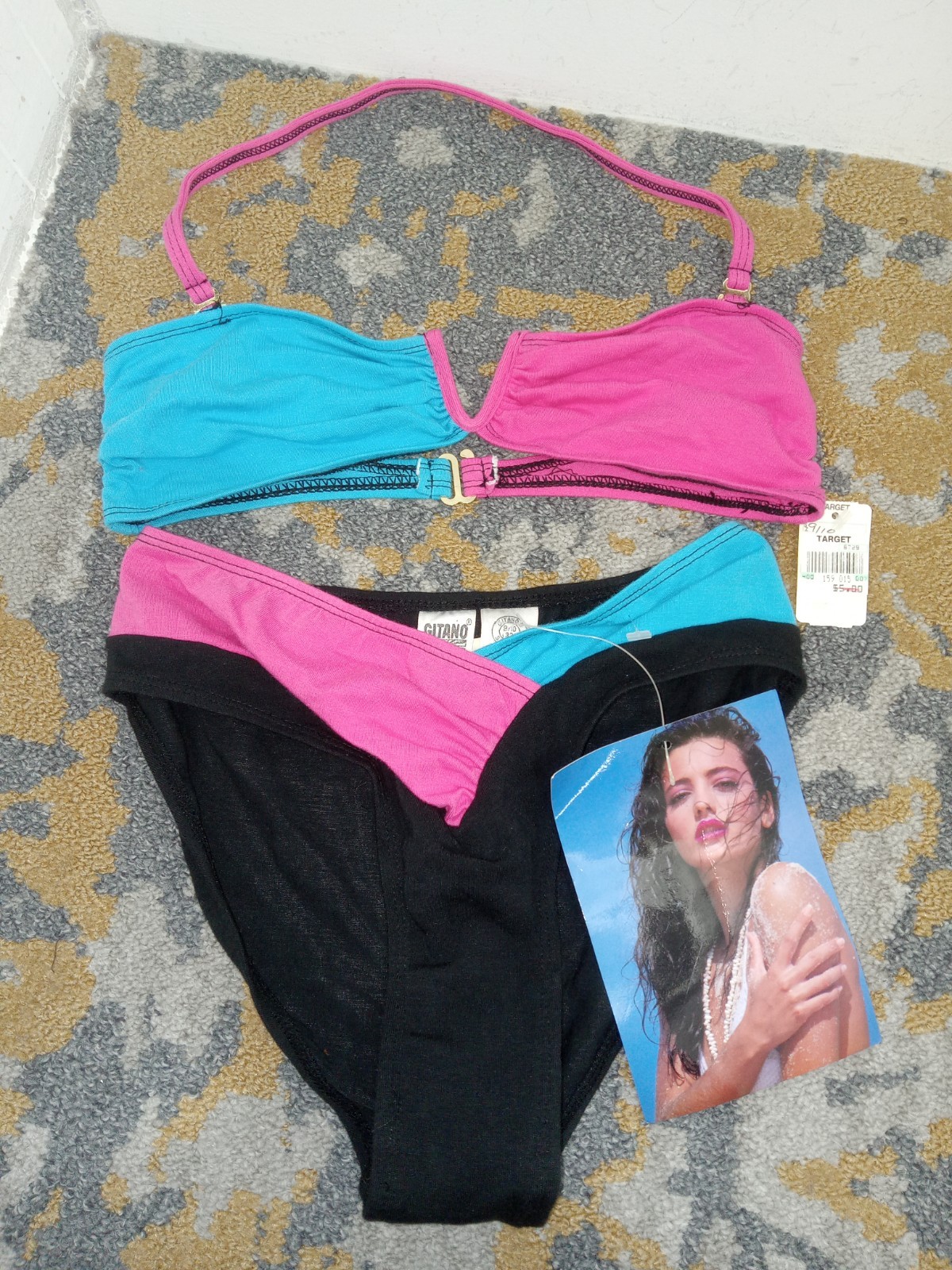 Vtg Gitano Sunkiss 80s Bikini 2 pc High Strip Swim Suit Black Blue Pink Sz 9/10