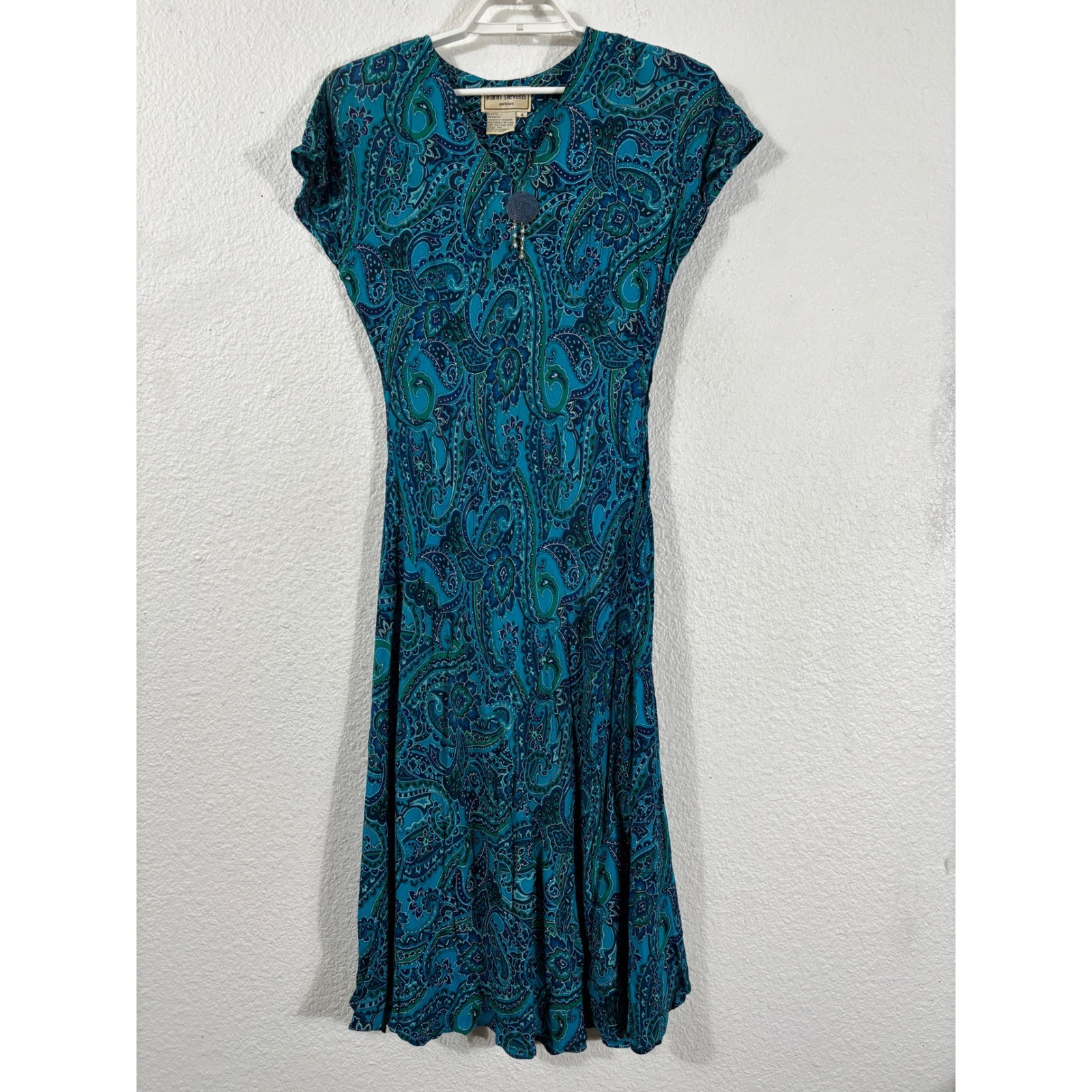 Karin Stevens Midi Dress Women 4P Blue Vintage Paisley Rayon Y2K Boho Fit Flare
