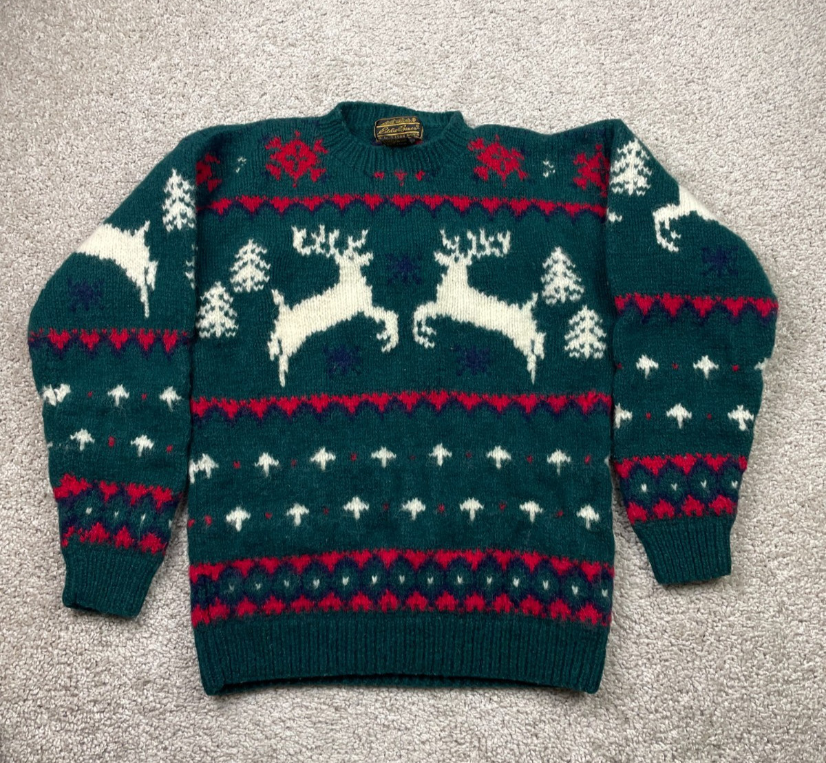Vintage Eddie Bauer Sweater Women Medium Green Wool Reindeer Holidays Knit