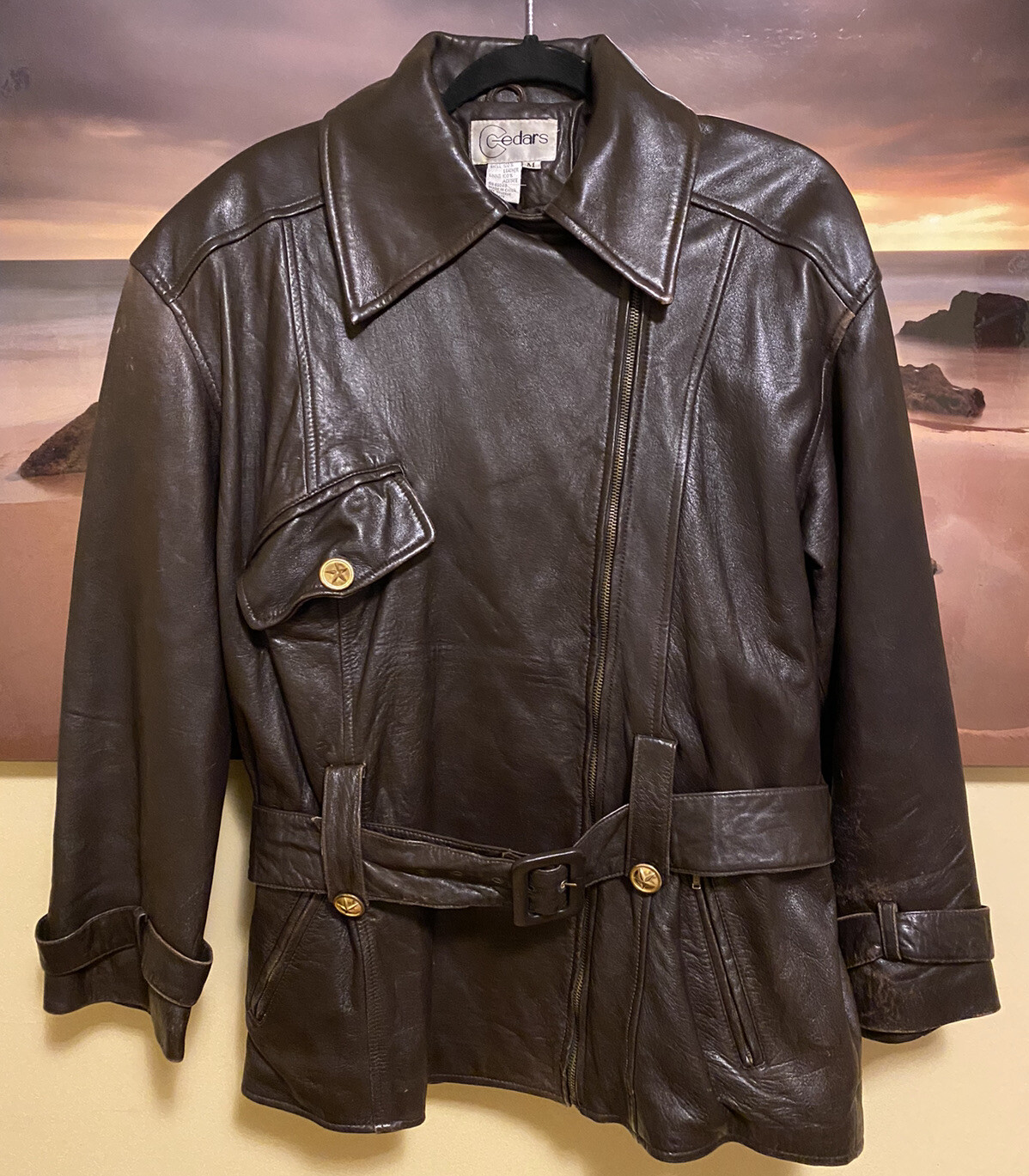 VTG Cedars Moto Zip Jacket Leather Brown Biker 1980s buttery Belted Medium