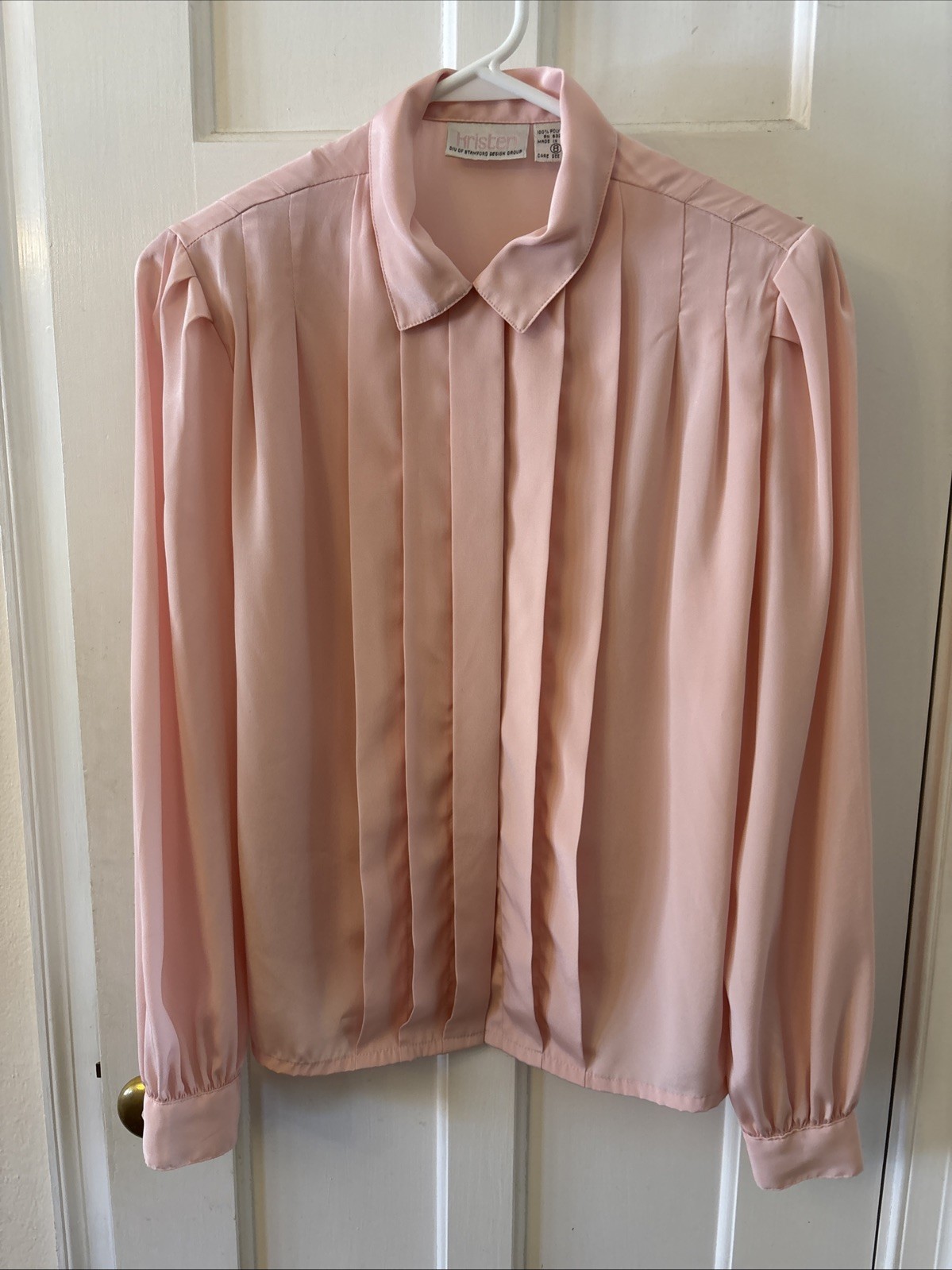 Vtg Kirsten 80s Pink Chiffon Pleated Button Down Blouse Shoulder Pads Career 8