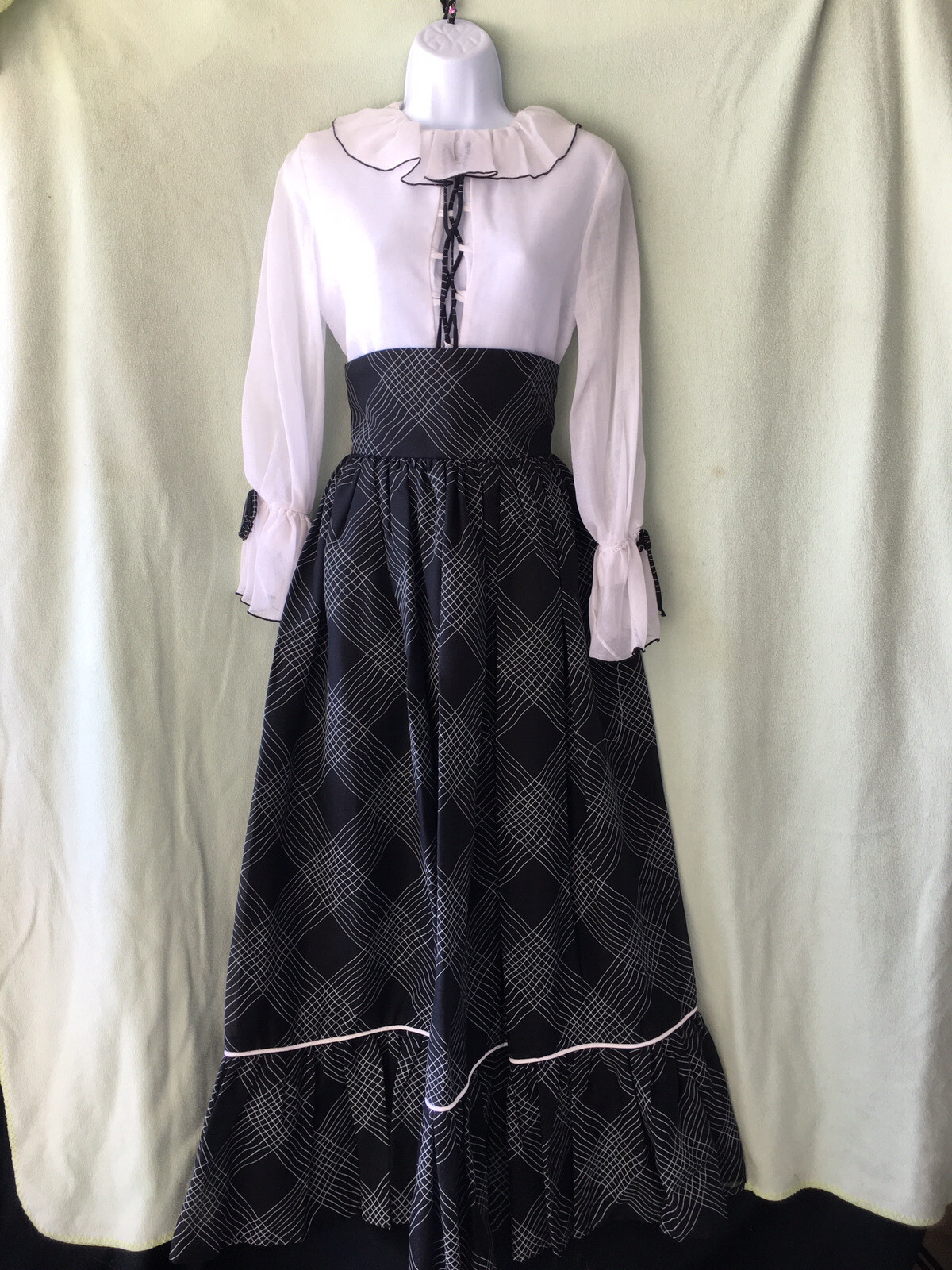 VTG 70s Goodies Girls California BOHO Hippie Maxi Skirt Set 2pc B&W Hi Waist Sz7