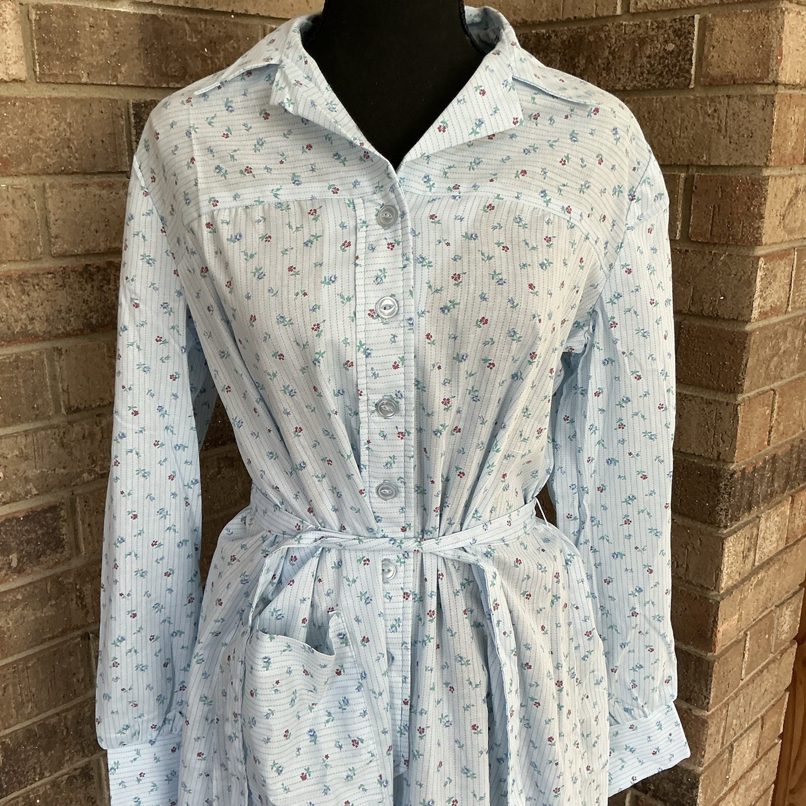 VTG A Nancy Frock Dress Women’s 16 Blue Floral Belted House Dress USA Made #13D
