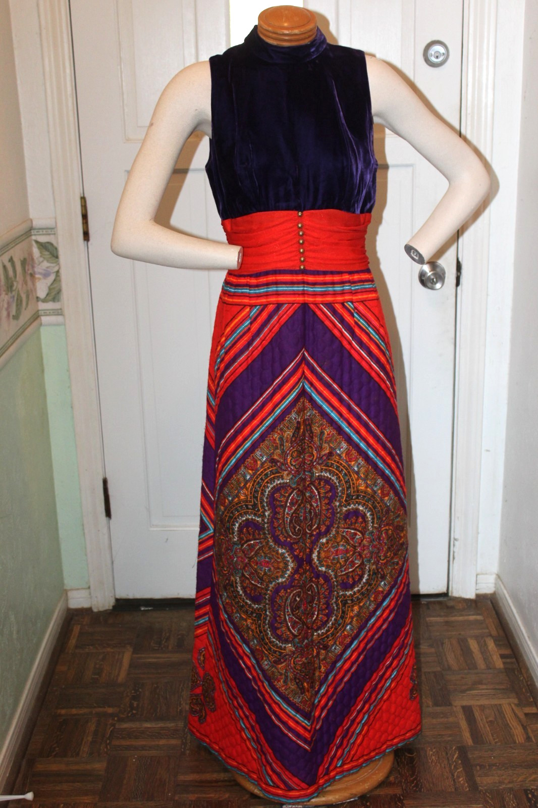 Vintage 1960s 1970s Gown Maxi Dress Paisley Quilted Skirt Purple Velvet Bodice S