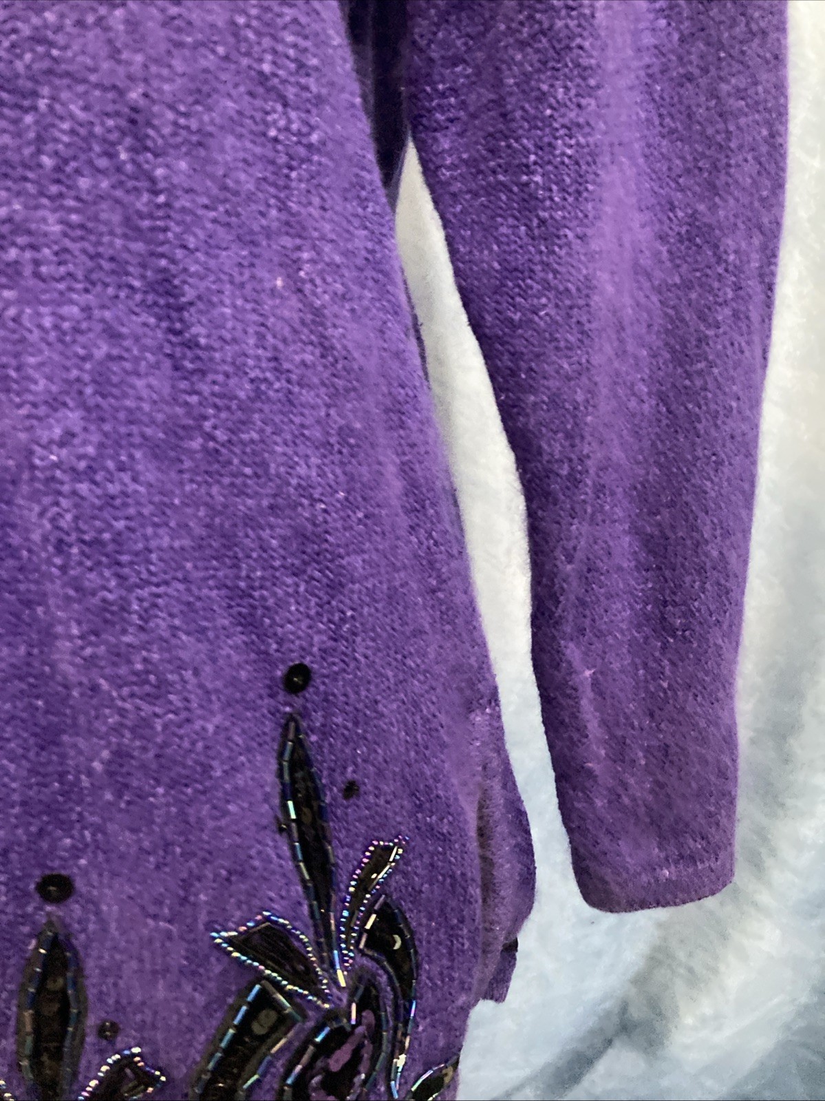Vtg 90s IB DIFFUSION Beaded Sweater Purple Silk Angora Maximalist Shoulder Pads