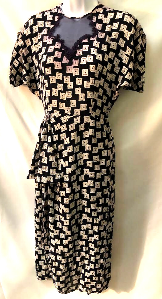 Vintage 1940s Classic Navy and white pattern flounce rayon dress S /M Great!