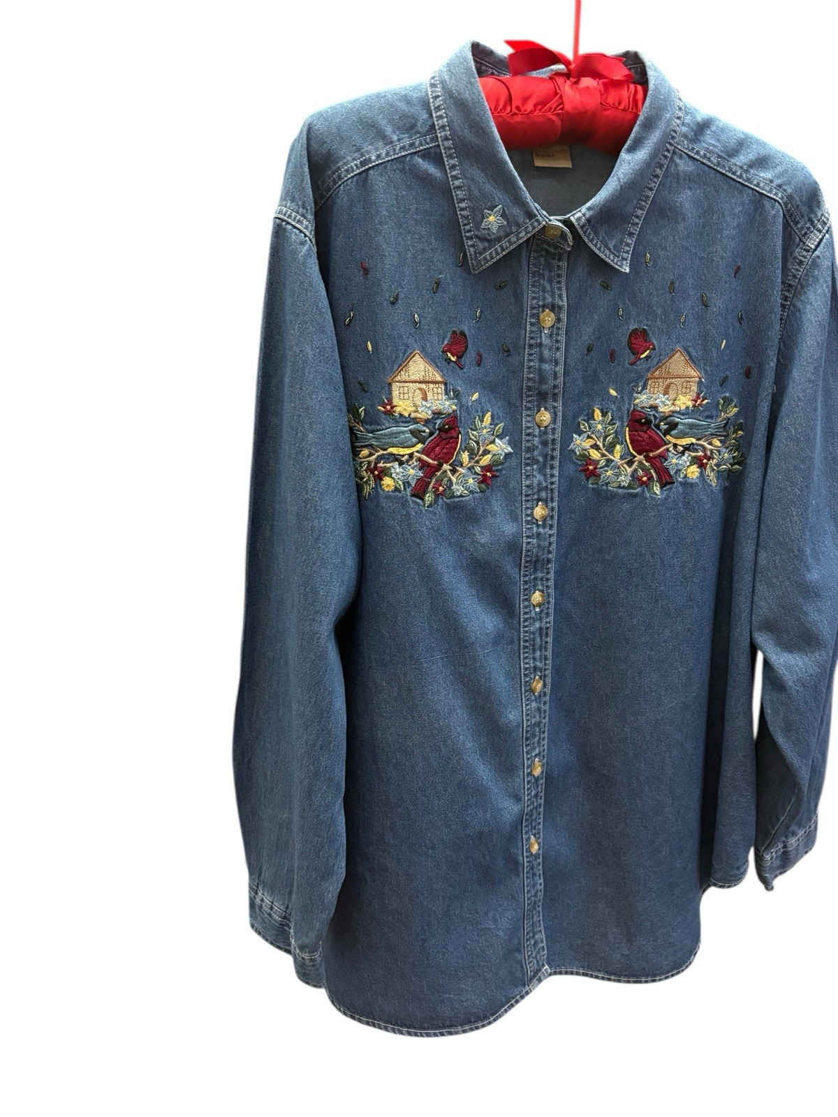 Vintage Just My Size 100% Cotton Denim Blouse 26W/28W Birds Flowers Cottagecore