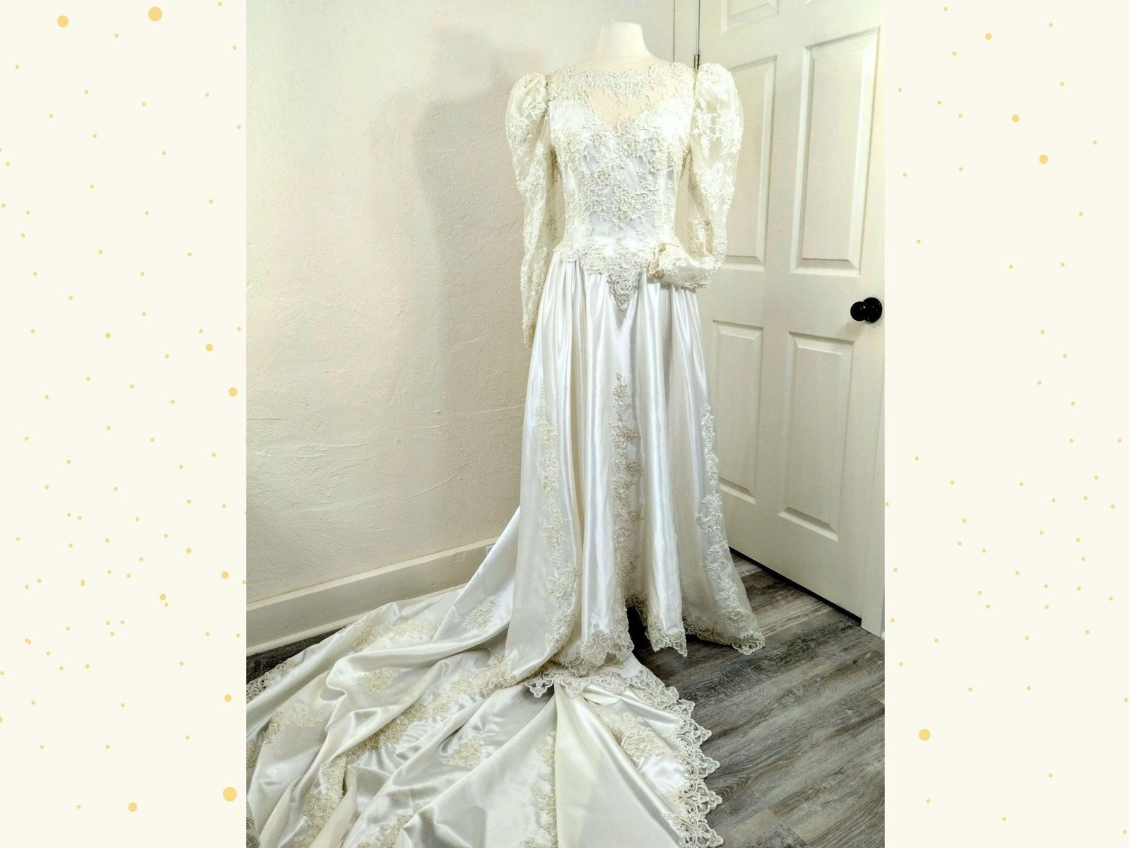 Vtge 80s Wedding Dress: Ivory Satin, Pearls, Sequins, Puff Sleeves, Basque Waist
