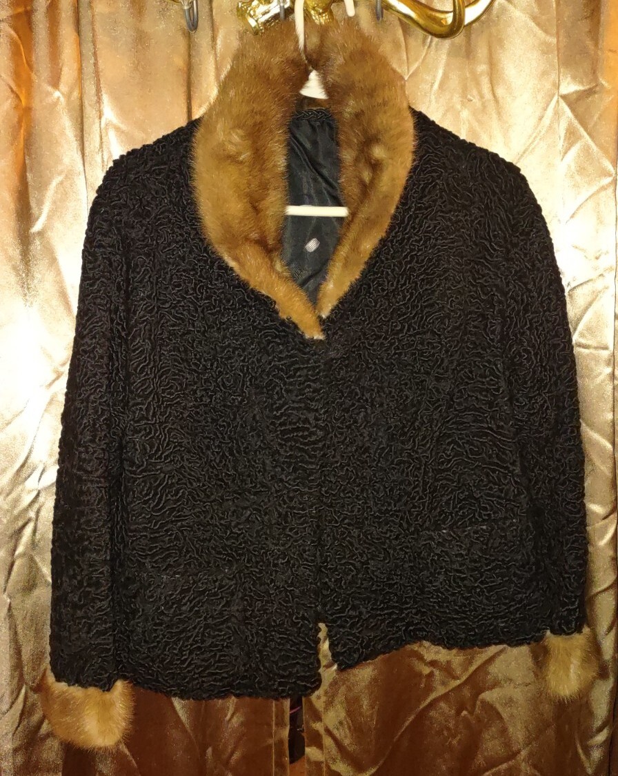 Vintage Persian Black Curly Lamb Wool Coat Brown Mink Fur Collar Satin Monogram