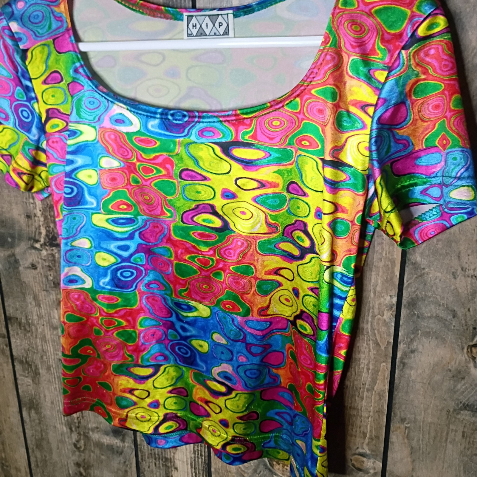 Vintage 90s HIP Wear Psychedelic Trippy Rave Top Shirt Neon Multicolor Scoop M