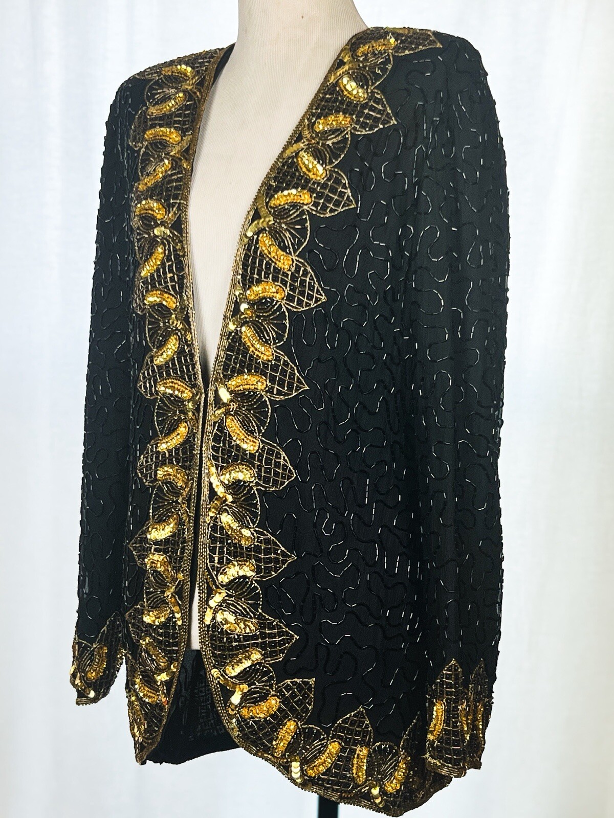 Night Vogue Beaded Evening Jacket Lined Black 100% Silk Open Front Gold Size M