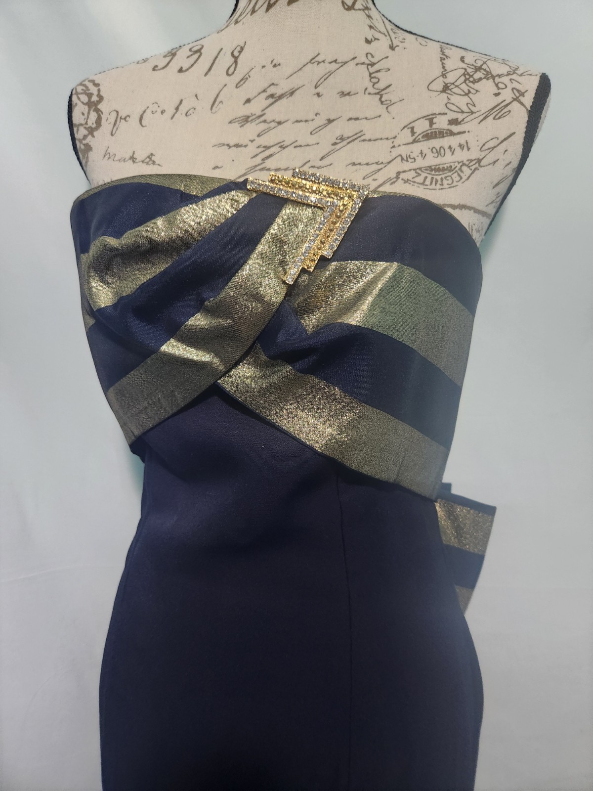 Vintage 80s Dave & Johnny Navy Blue & Gold Strapless Cocktail Dress W Bow Size 8