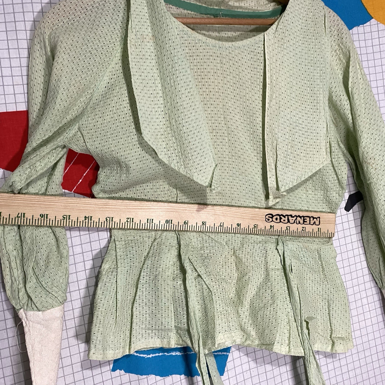 Vintage 1910s Blouse Eyelet Lace Green Cotton Sheer Victorian Edwardian Ties 20s