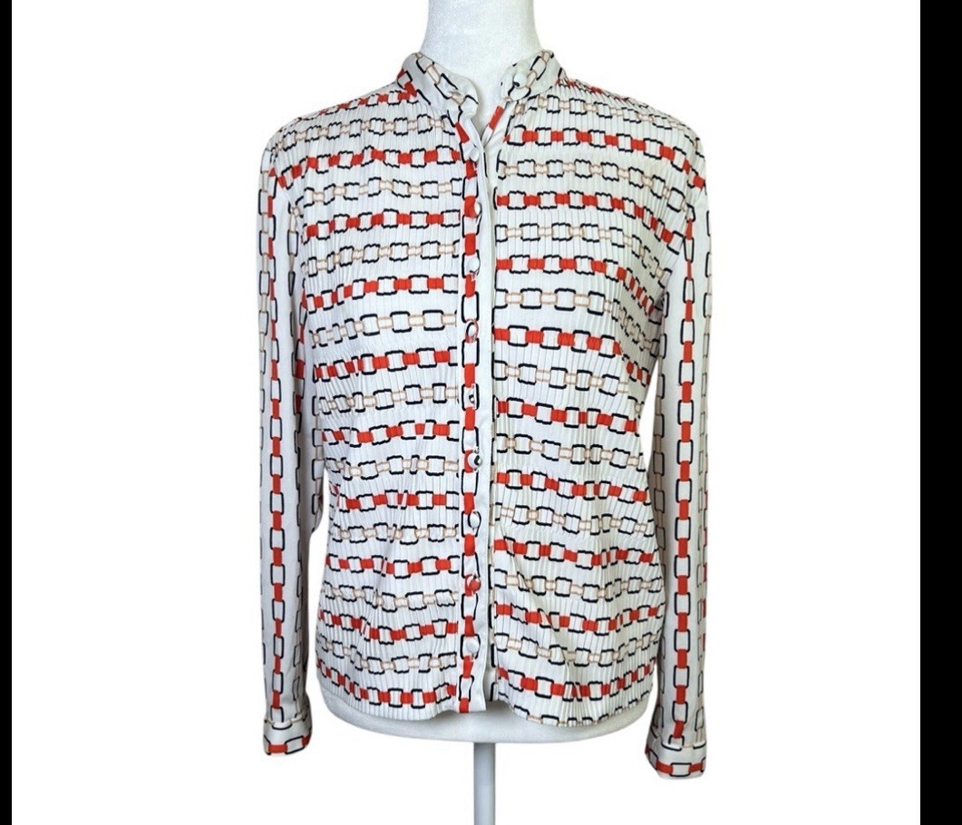 VTG 1970s Hal Ferman Button-Up Top Chain Geometric Crinkle Union Made Retro Sz S